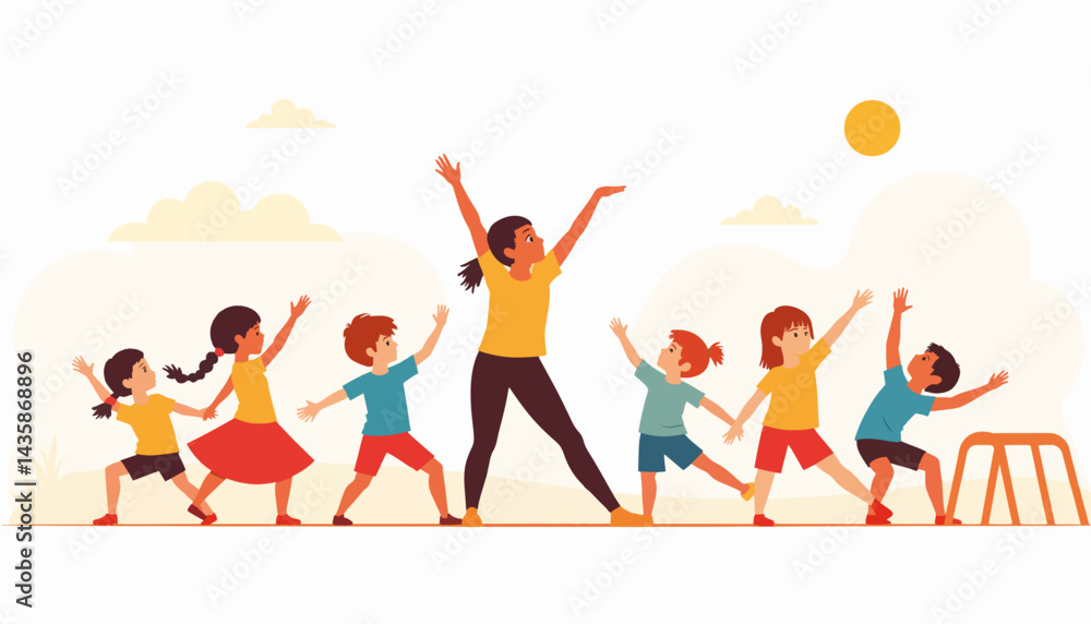 Fototapeta premium Children joyfully stretching in colorful playground, embracing diversity