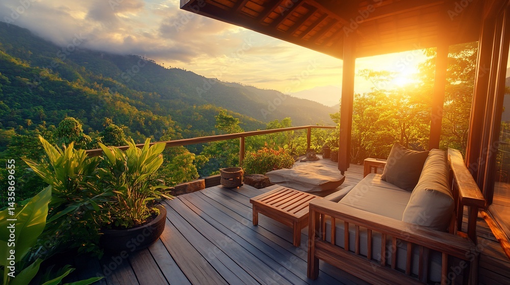 Fototapeta premium Sunset Mountain View Deck Relaxation