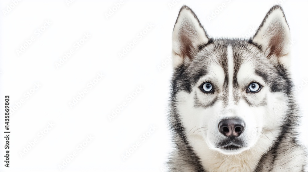 Stunning Siberian Husky Portrait with Intense Blue Eyes on White Backdrop Stunning Siberian Husky Portrait with Intense Blue Eyes on White Backdrop