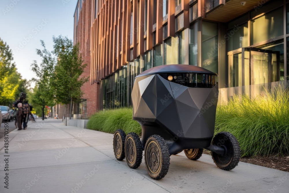 Futuristic Delivery Robot on Urban Sidewalk Near Modern Architecture