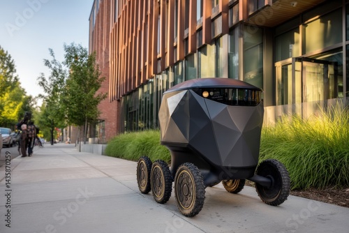 Obraz na płótnie Futuristic Delivery Robot on Urban Sidewalk Near Modern Architecture w salonie