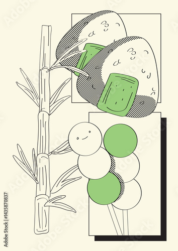 Asian streetwear print, oriental trendy fashion vector illustration. Asian food, onigiri, dango, bamboo tree.
