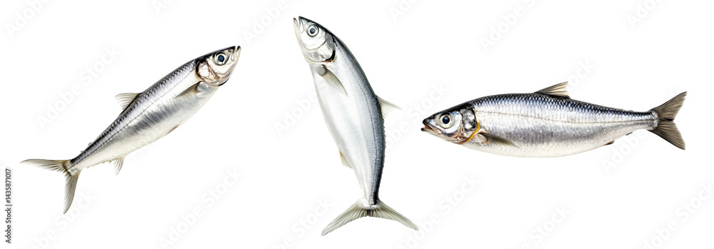 Set of sardine fish with detailed scales and fins isolated on white transparent background, symbolizing canned seafood Set of sardine fish with detailed scales and fins isolated on white transparent background, symbolizing canned seafood