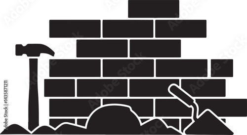 Masonry Work Hammer, Trowel, and Bricks Silhouette