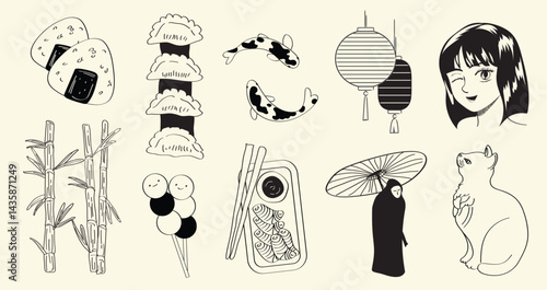 Asian sticker pack, oriental trendy vector illustration. Lantern, anime girl, asian food, bamboo, cat, koi fish.
