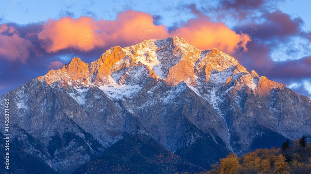 Majestic snow-capped mountain peak at sunset, bathed in warm, orange light Majestic snow-capped mountain peak at sunset, bathed in warm, orange light