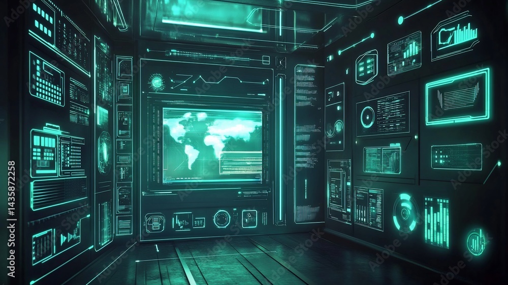 Obraz premium Futuristic Data Center with Glowing Interface Panels and Global Network Display