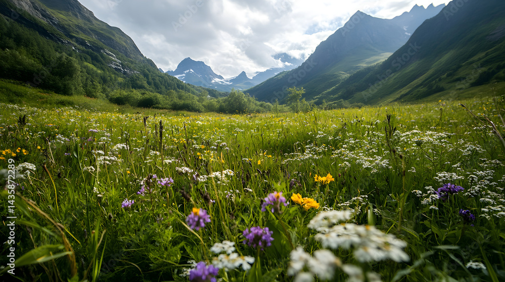 Fototapeta premium A picturesque green meadow surrounded by tall mountain ranges, full of colorful wildflowers.