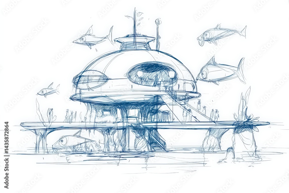 Futuristic Underwater Habitat Design Sketch with Ocean Life Interaction