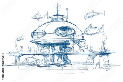 Obraz na płótnie Futuristic Underwater Habitat Design Sketch with Ocean Life Interaction w salonie