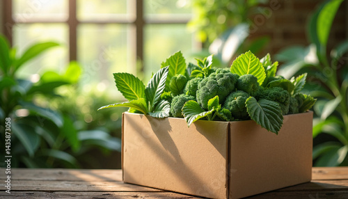 Obraz na płótnie Fresh Green Plants in Brown Box for Black Friday Sale w salonie