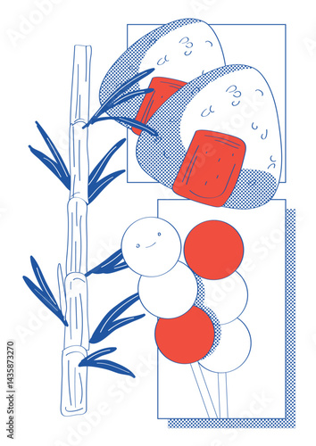Asian streetwear print, oriental trendy fashion vector illustration. Asian food, onigiri, dango, bamboo tree.