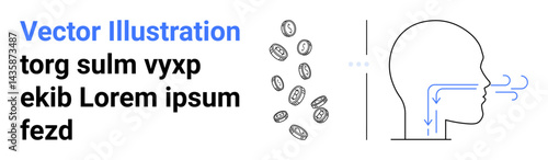 Human silhouette inhaling air with directional arrows, scattered coins nearby. Ideal for health, breathing, airflow, pollution, industrial safety, filtration technology, simple landing page