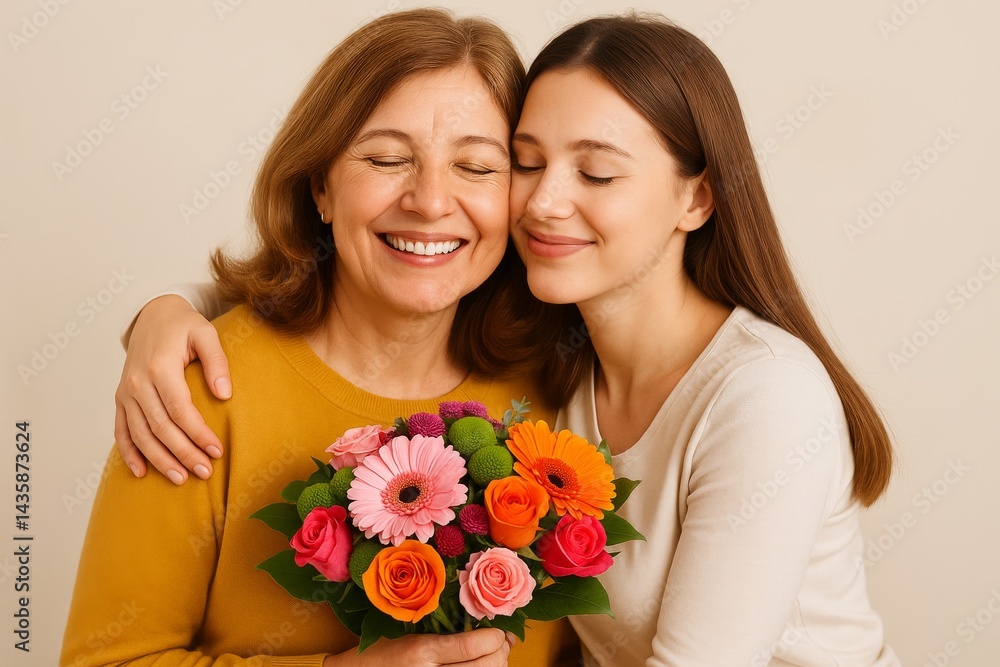 Mother's Day Bouquet: A heartwarming image of a mature woman and a young woman embracing, sharing a vibrant bouquet of gerbera daisies, symbolizing love, appreciation. Mother's Day Bouquet: A heartwarming image of a mature woman and a young woman embracing, sharing a vibrant bouquet of gerbera daisies, symbolizing love, appreciation.