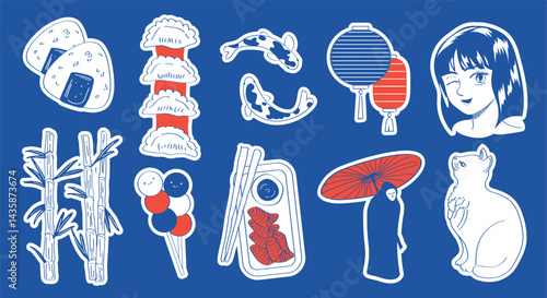 Asian sticker pack, oriental trendy vector illustration. Lantern, anime girl, asian food, bamboo, cat, koi fish.