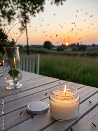 Burning outdoor candle repelling insects at sunset. Mosquito repellent candle on garden table at sunset. Outdoor candle burning to keep bugs away in summer evening.