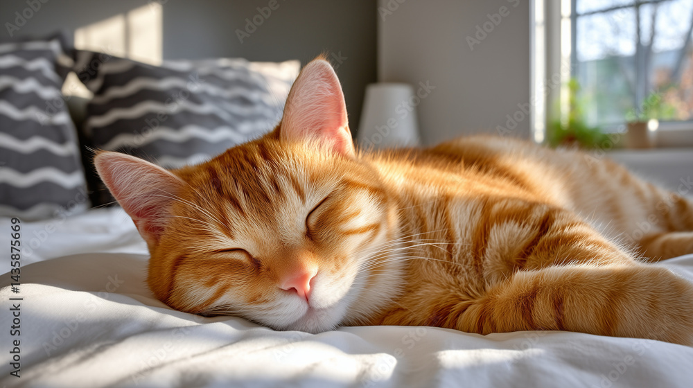 Obraz premium Light Orange Tabby Cat Sleeping Peacefully on a Bed 