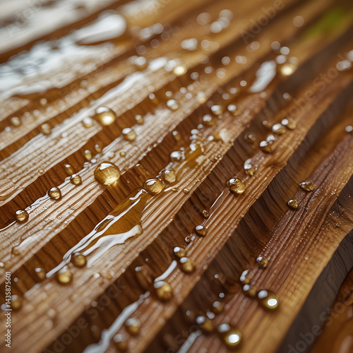 Wood Grain with Water Droplets: Captivating close-up of intricate wood grain, adorned with glistening water droplets, creates a mesmerizing display of nature's elegance.