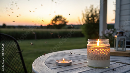 Burning candles on outdoor table with insects at sunset. Outdoor mosquito repellent candles glowing at sunset. Garden table with lit candles and flying bugs at dusk