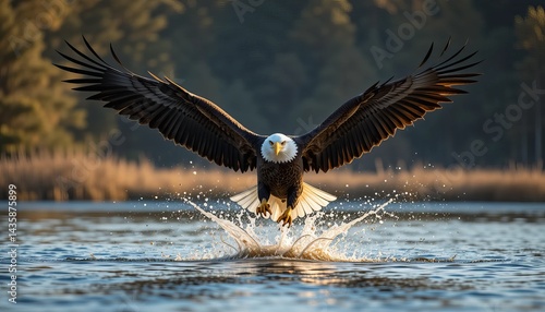Majestic bald eagle soaring above water with wings spread wide and splashing water in the foreground