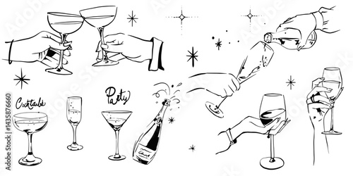  set hand drawn line art hand holding a glass of champagne Drink Celebrate Invitation Vintage On Transparent Background