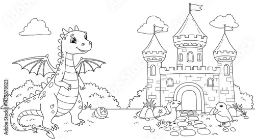Dragon and Castle Hand drawn coloring page Outlined colouring page black and white for kids with white background