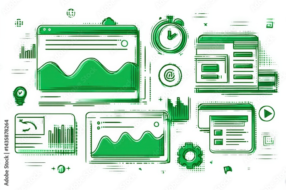 Green Digital Interface with Charts, Graphs, and UI Elements