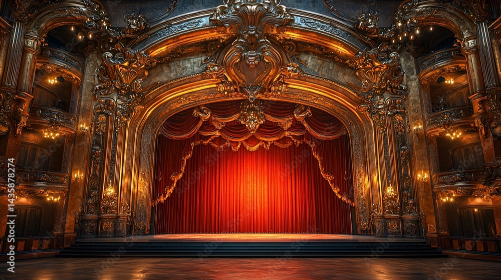 Obraz premium Grand ornate theater stage with red curtains.