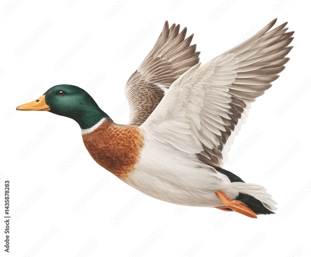 Obraz premium a flying mallard duck, showcasing its vibrant green head, brown chest, and white belly. The wings are spread wide in mid-flight, capturing the elegance and grace of the bi