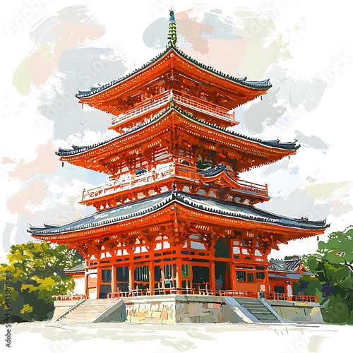 Stunning Pagoda in Japan A Painted Illustration of Architectural Grandeur.