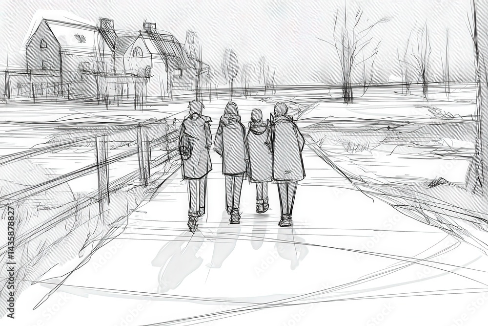 Group of Friends Walking in Winter Landscape, Sketch Art Style