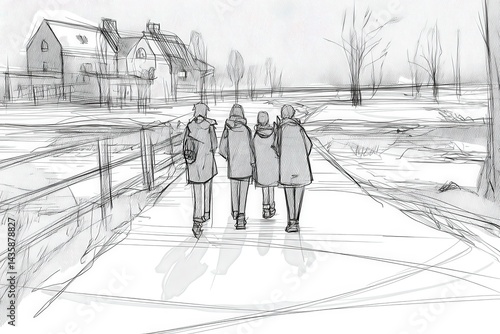 Group of Friends Walking in Winter Landscape, Sketch Art Style