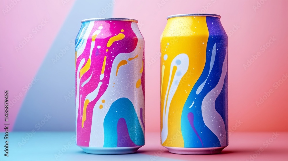 Obraz premium Colorful Abstract Cans with Water Drops on Pink Background