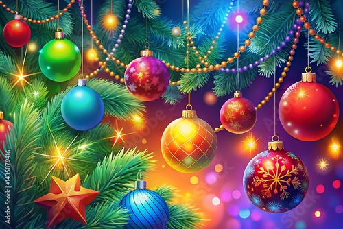 Vibrant Christmas Background Colorful Ornaments & Sparkling Lights