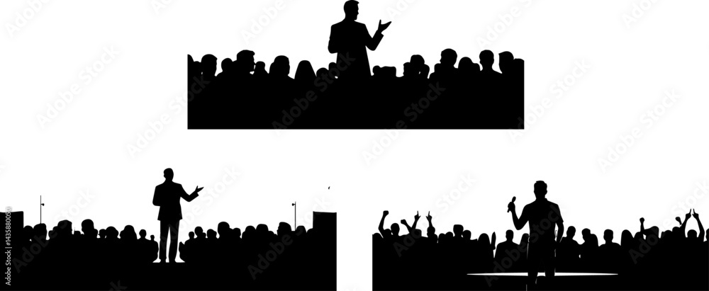 Naklejka premium Public Speaking and Crowd Engagement Silhouettes