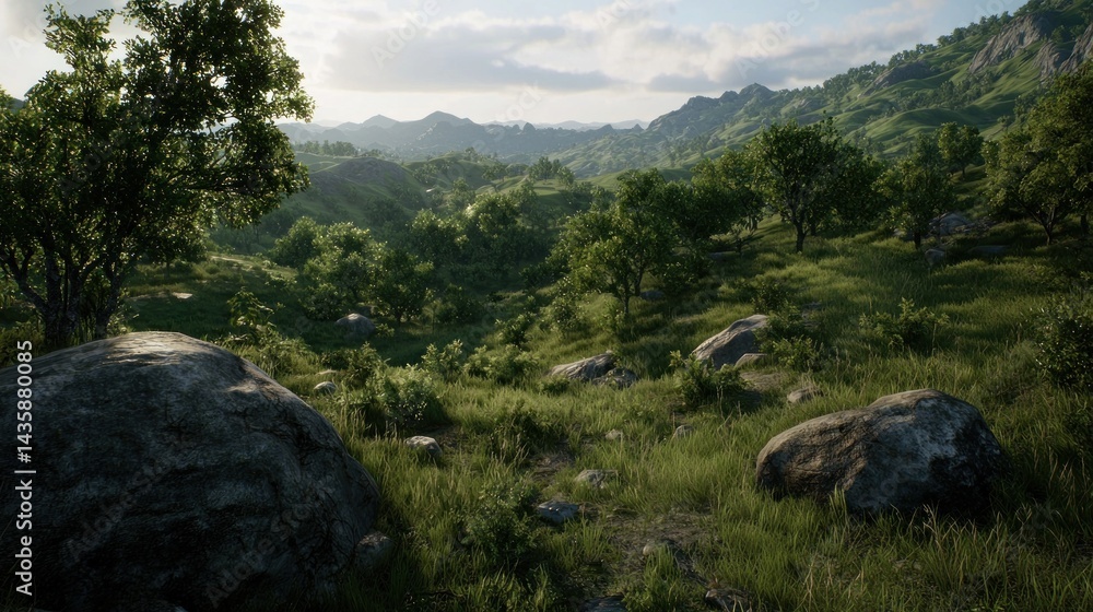 Lush mountain valley scene with large rocks, use for nature, travel, or game backgrounds Lush mountain valley scene with large rocks, use for nature, travel, or game backgrounds
