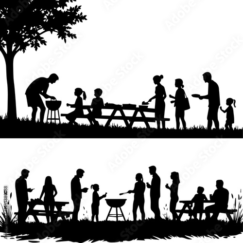 Family Picnic and Barbecue Silhouette | Outdoor Gathering and Grilling Scene