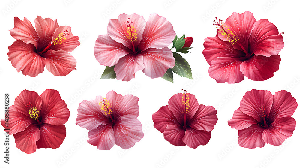 Set of tropical red hibiscus flowers, isolated on white background Set of tropical red hibiscus flowers, isolated on white background