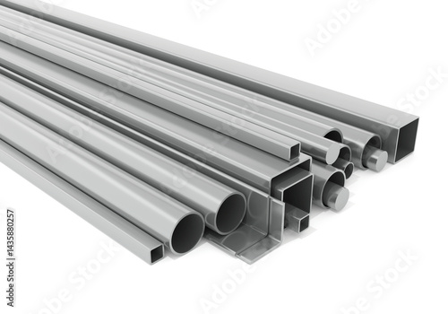 Assorted steel pipes, square tubes, angle bars, and metal profiles arranged for construction, architecture, industrial manufacturing, fabrication, and engineering design projects. 3d render. 