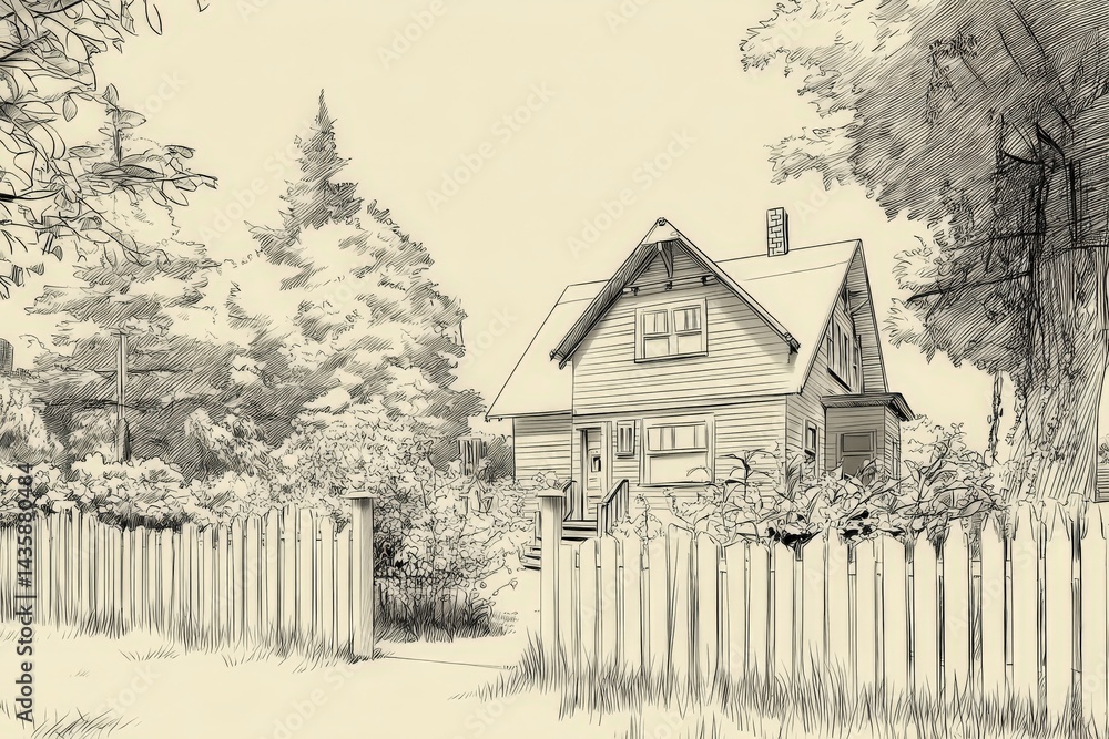 Hand-Drawn Illustration of a Cozy House Surrounded by Nature
