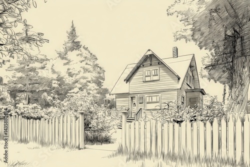 Obraz na płótnie Hand-Drawn Illustration of a Cozy House Surrounded by Nature w salonie