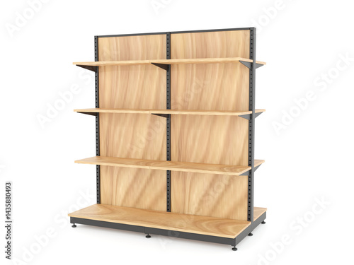 Wooden retail shelf with black frame and adjustable levels, isolated on white background. Perfect for supermarket, store, product display, commercial shop, or interior design use.
3d render.