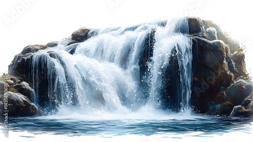 Set of waterfall cascades with splashing water detail, isolated on white background