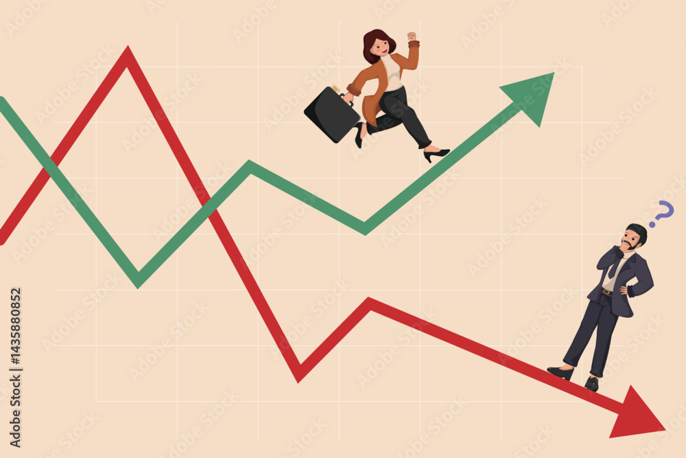 A Confused Businessman with a Question Mark Standing on a Declining Red Arrow, While a Cheerful Businesswoman Advances on a Rising Green Arrow, Illustrating Market Volatility. A Confused Businessman with a Question Mark Standing on a Declining Red Arrow, While a Cheerful Businesswoman Advances on a Rising Green Arrow, Illustrating Market Volatility.