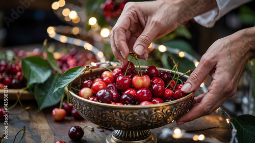 Hands gently place the cherries into a decorative bowl for a party
