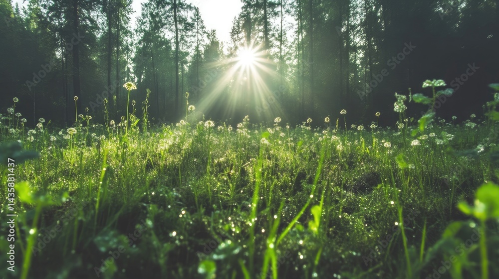 Fototapeta premium Sunlight streams through a forest meadow. Delicate wildflowers dot the lush green grass, glistening with morning dew