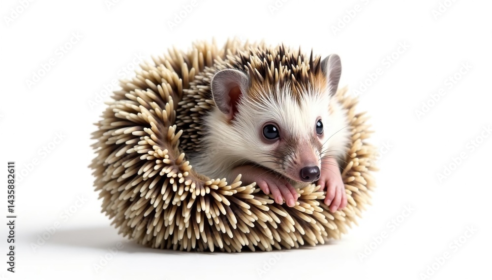 Obraz premium Tiny hedgehog curled in a ball, isolated on pure white background, nature, cute, hedgehog