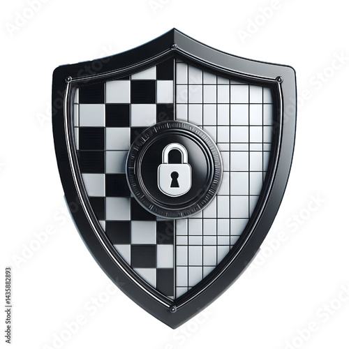 Black and white shield checkmark security 3d isolated on white background