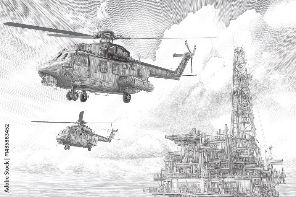 Helicopters Circling Oil Rig in High-Detail Sketch Style