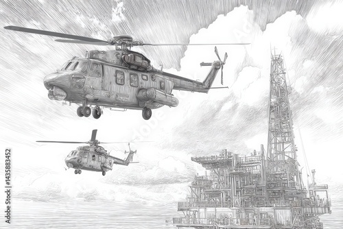 Helicopters Circling Oil Rig in High-Detail Sketch Style